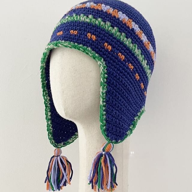 4-4 STUDIO-Striped Knit Trapper Hat