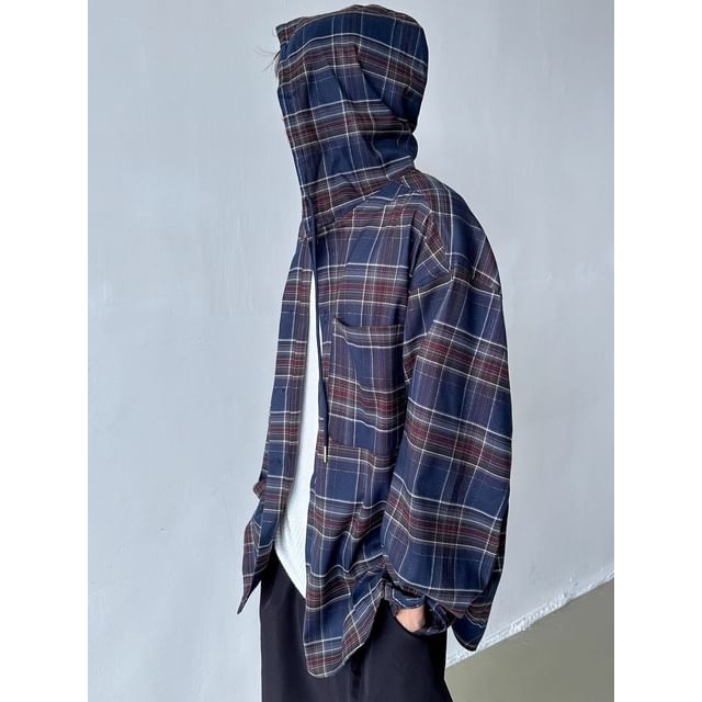 Urtishia-Plaid Hooded Button-Up Jacket
