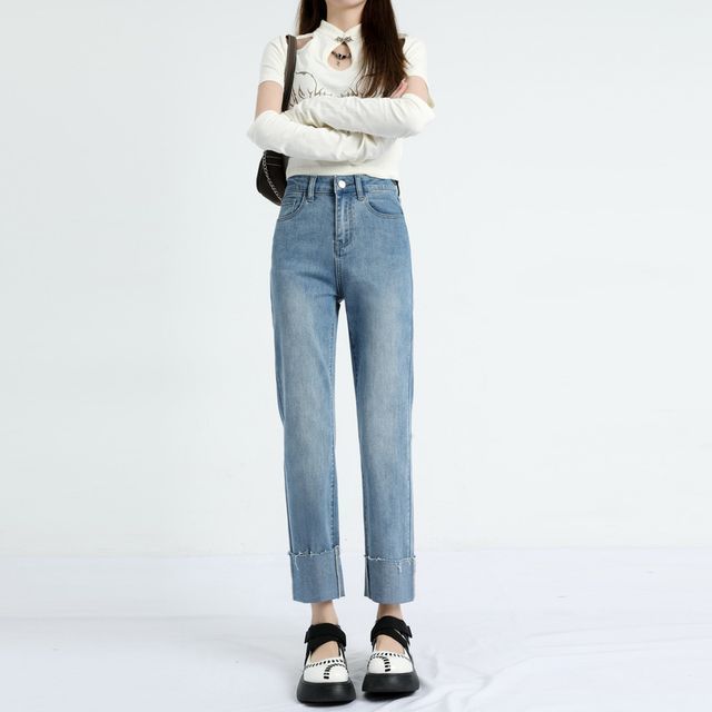Denimot High Rise Roll Up Hem Straight Leg Jeans YesStyle