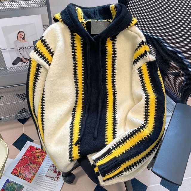 GRAYCIOUS-Collared Striped Knit Hoodie