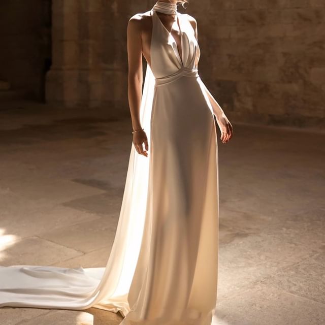 DreesHouse-Halter Plain Open Back A-Line Wedding Gown