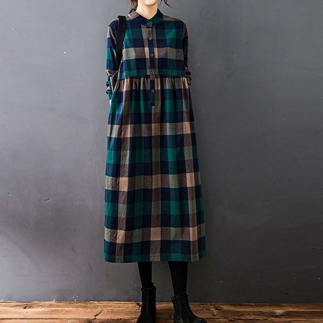 Lewwe-Long-Sleeve Collared Plaid Midi Dress