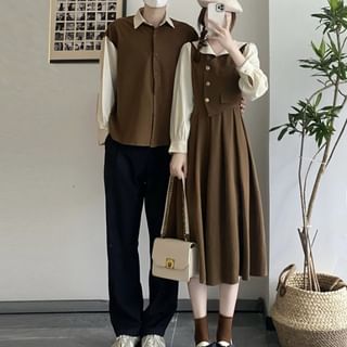 Azure Couple Matching Collared Two Tone Shirt Long Sleeve Midi Mock Piece