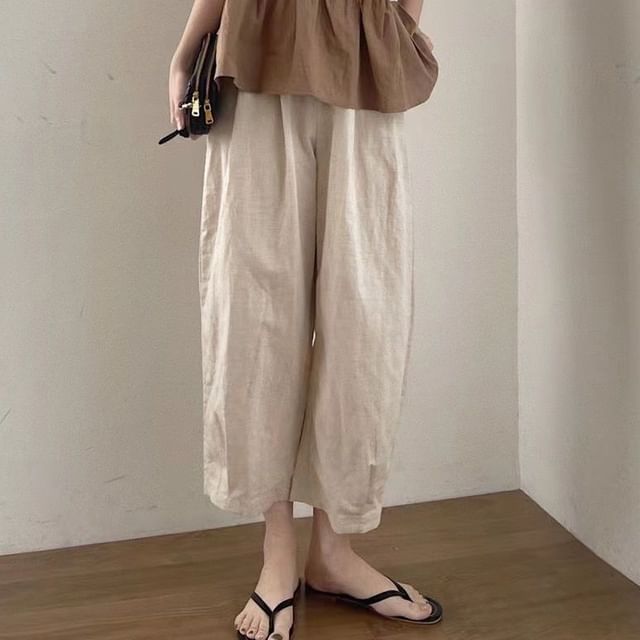 INEN-Elastic Waist Plain Cropped Wide Leg Pants