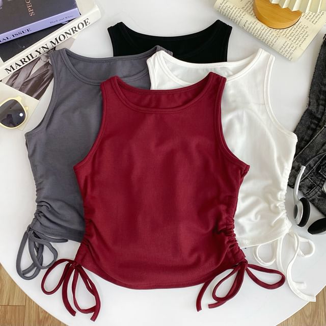 Iasia-Crew Neck Plain Drawstring Tank Top