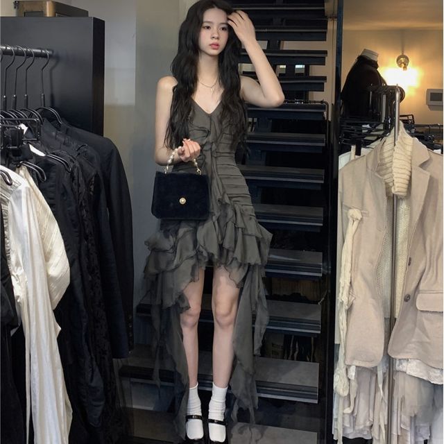 GOUB-Spaghetti-Strap Ruffle Trim Layered A-Line Dress