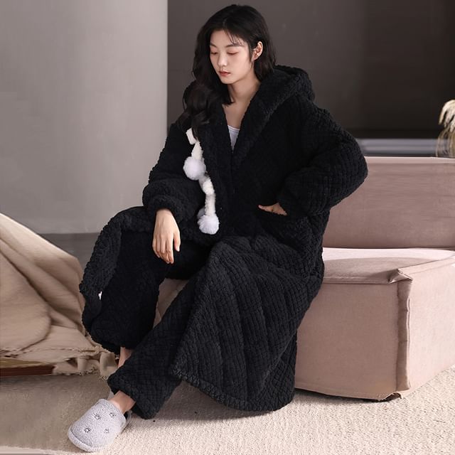 Jeony-Pajama Set Quilted Button-Up Fleece Robe Pants