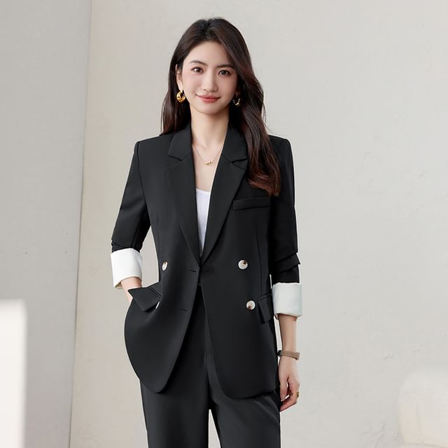 Skyheart-Lapel Collar Plain Double Breasted Blazer Mid Waist Plain Bootcut Suit Pants Set