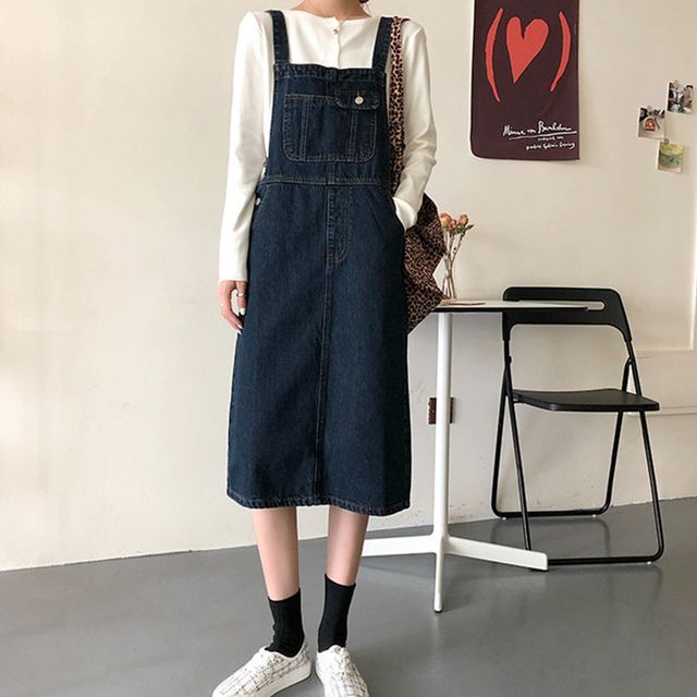 GANGER - Multi-Pocket Midi A-Line Denim Dungaree Dress | YesStyle