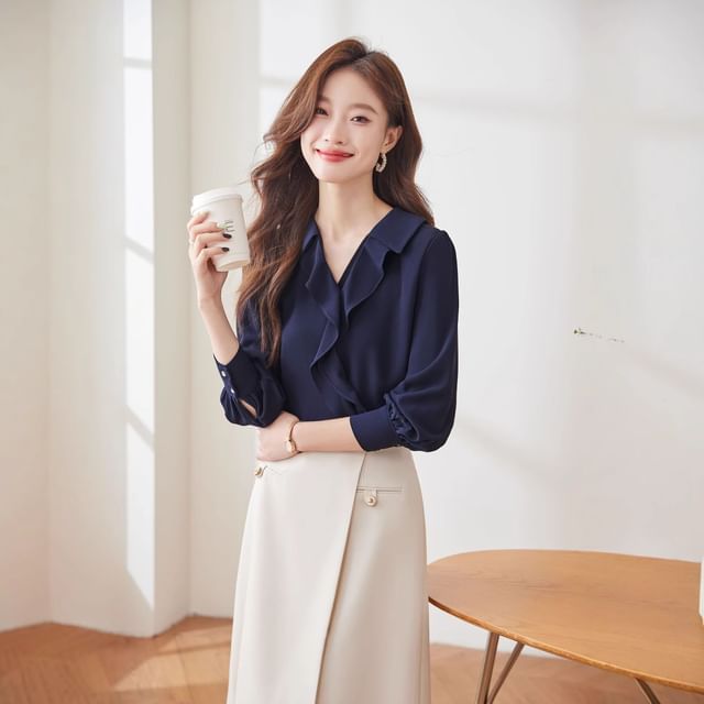 Princess Min-Long-Sleeve V-Neck Plain Ruffle Trim Blouse