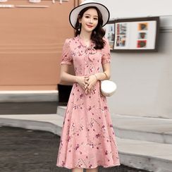 CHICHA - Short-Sleeve Floral Print Midi A-Line Dress