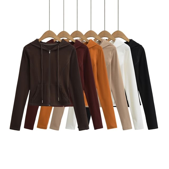 Ulark-Plain Zip-Up Crop Hoodie