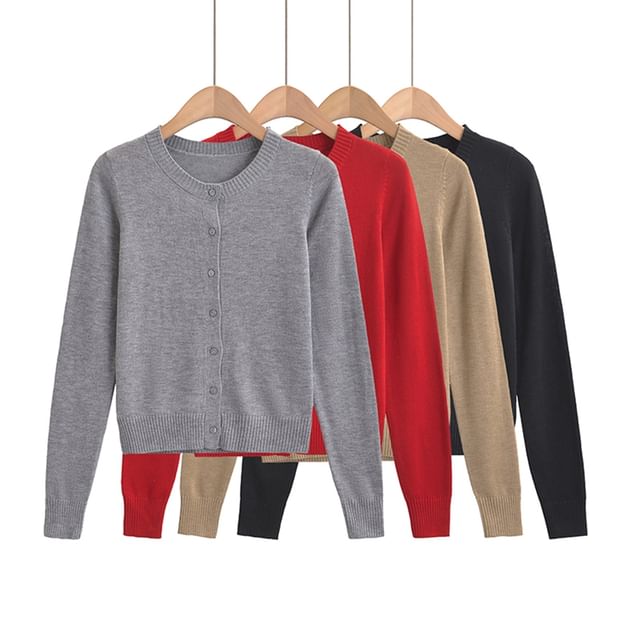 Ulark-Crewneck Button-Up Plain Cardigan