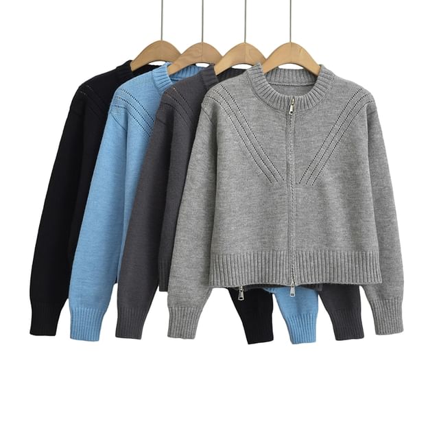 Ulark-Round Neck Plain Cropped Zip Cardigan