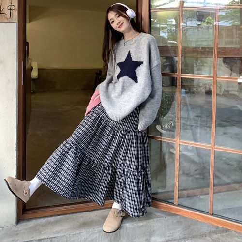 Crew Neck Star Print Oversized Sweater High Waist Plaid Maxi A Line Skirt