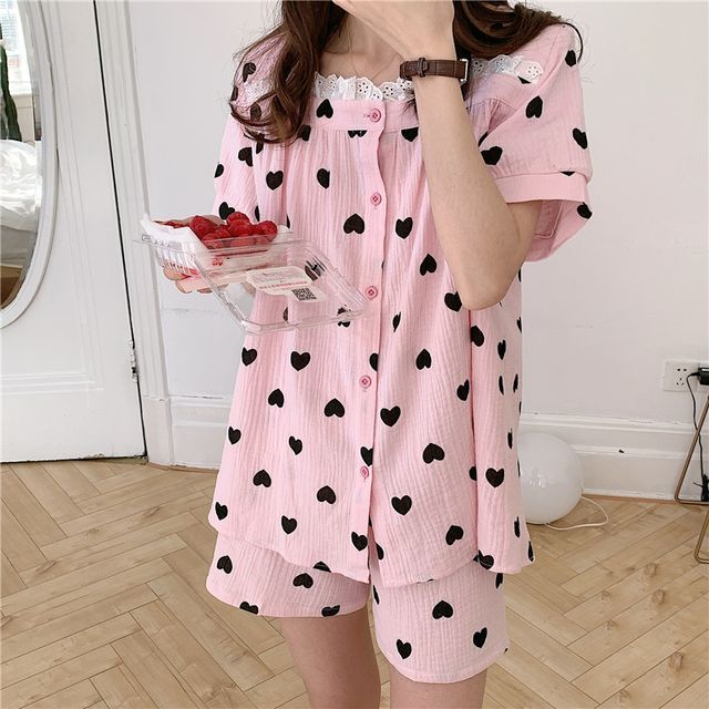 Tanee ShortSleeve Lace Heart Print Sleepdress / Pajama Set Short