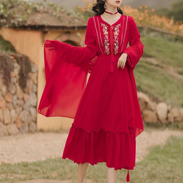 French Village - Puff-Sleeve V-Neck Flower Embroidered Midi A-Line Dress |  YesStyle