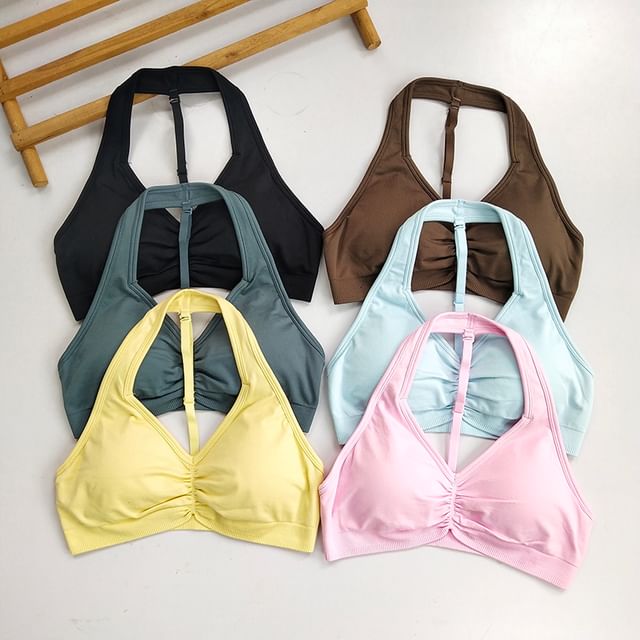 Runyz-Halter Plain Ruched Sports Bra