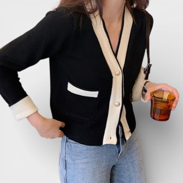 Hollahop-Contrast Trim V-Neck Cardigan
