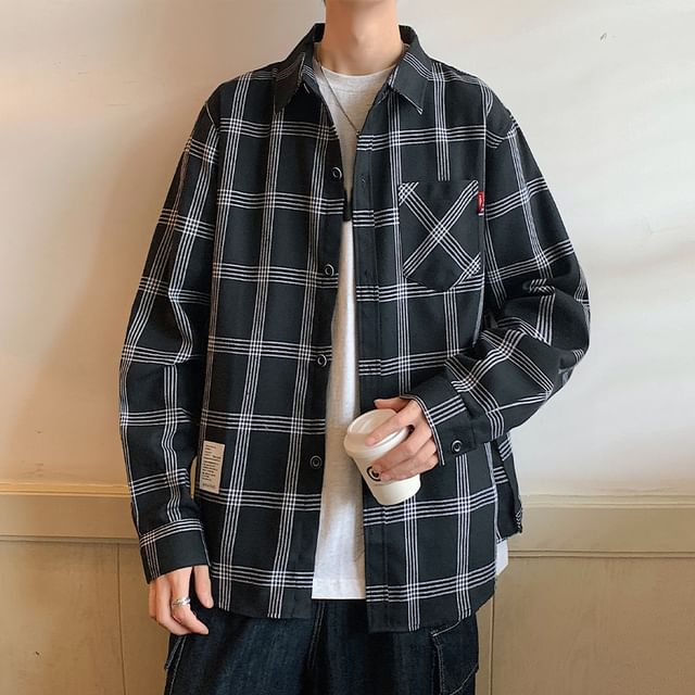 Obikan-Collared Plaid Button Up Oversized Shirt
