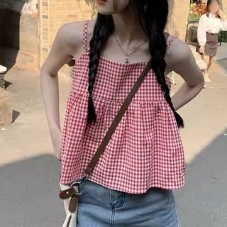 Yako-Plaid Gathered Camisole Top
