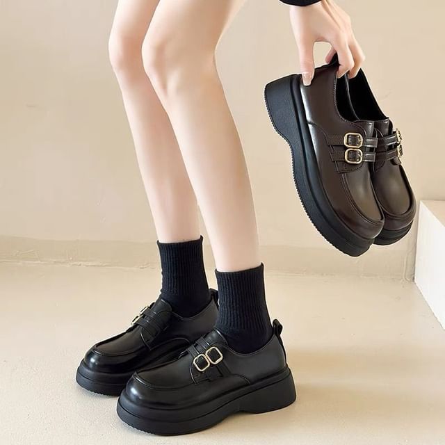 Anran-Buckled Faux Leather Platform Loafers