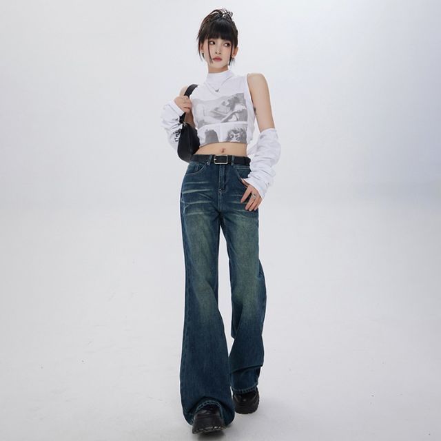Denimot-Mid Waist Washed Flared Jeans Various Designs