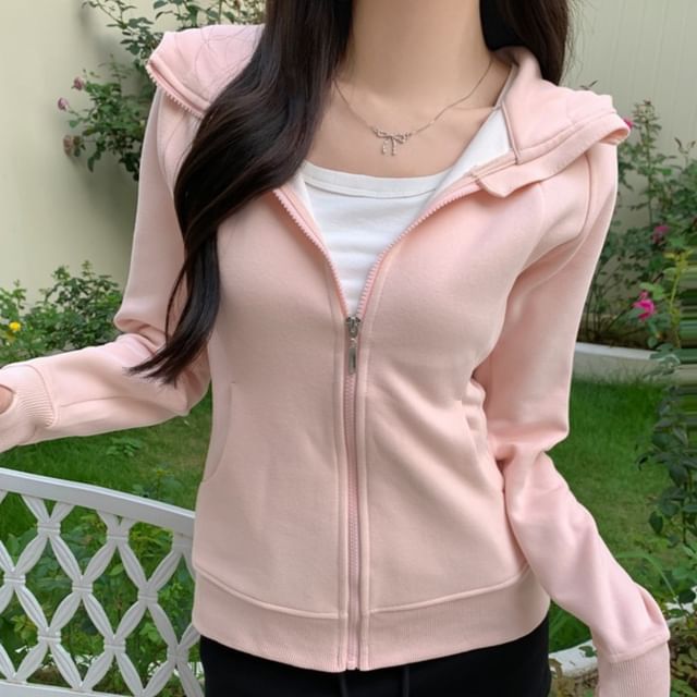 Striinkie-Long Sleeve Plain Hooded Zip-Up Jacket