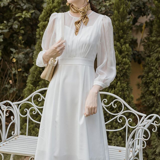 knee length dresses for ladies Square Neck Long Sleeve Midi Dress in Ivory - 4