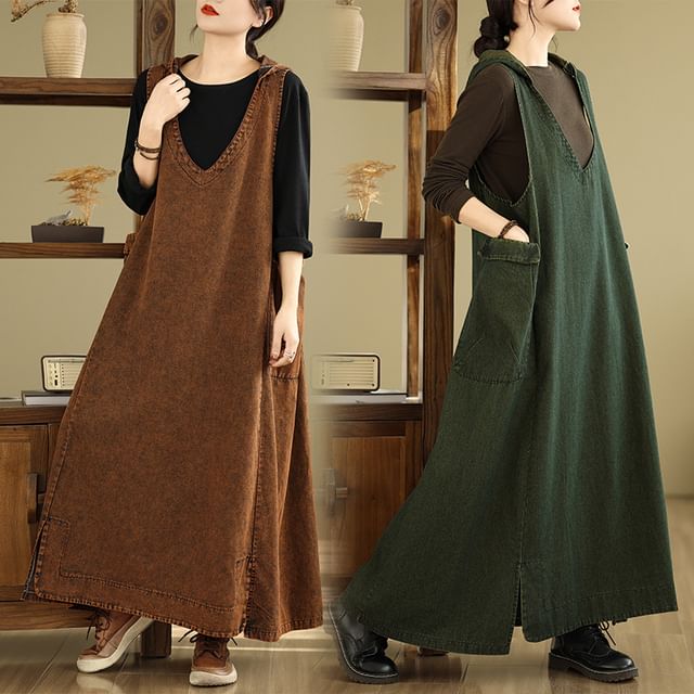 Supernova-Sleeveless V-Neck Plain Maxi A-Line Dress