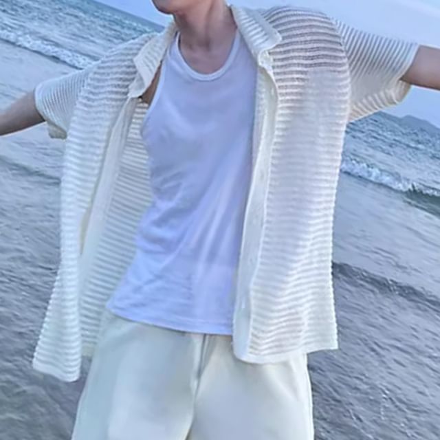 ROOSE-Short-Sleeve Sheer Plain Shirt