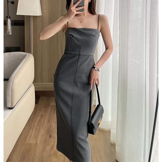 closetaine - Spaghetti Strap Square Neck Plain Bodycon Midi Dress | YesStyle