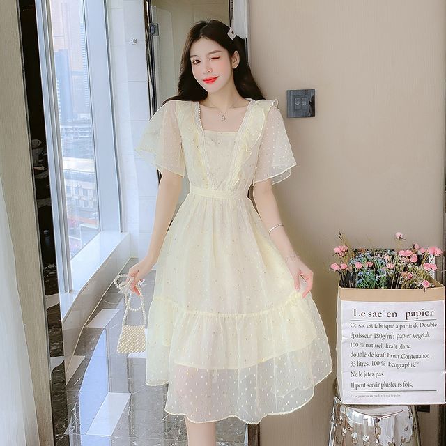 Noriq - Short-Sleeve Square Neck Sheer Midi A-Line Dress