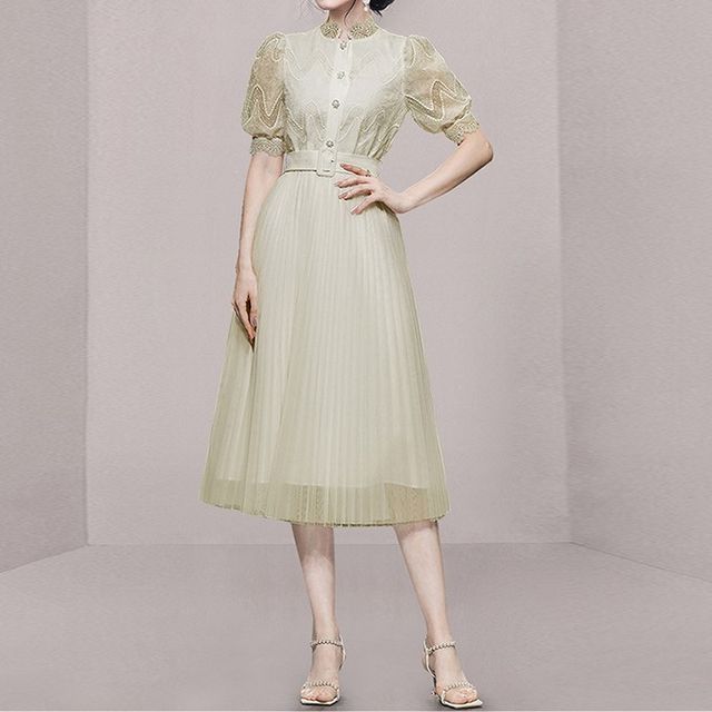Oufan - Short-Sleeve Mesh Overlay A-Line Midi Dress | YesStyle