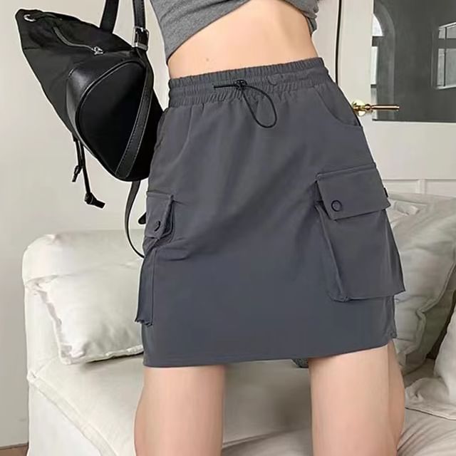 Everose-High waist Plain Mini A-Line Cargo Skirt