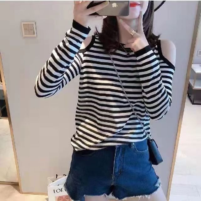 Everose-Long-Sleeve Cold-Shoulder Striped T-Shirt