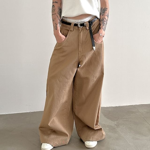 Nahagin-Mid Rise Plain Wide Leg Jeans