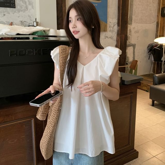 ANORA-Sleeveless V-Neck Plain Blouse