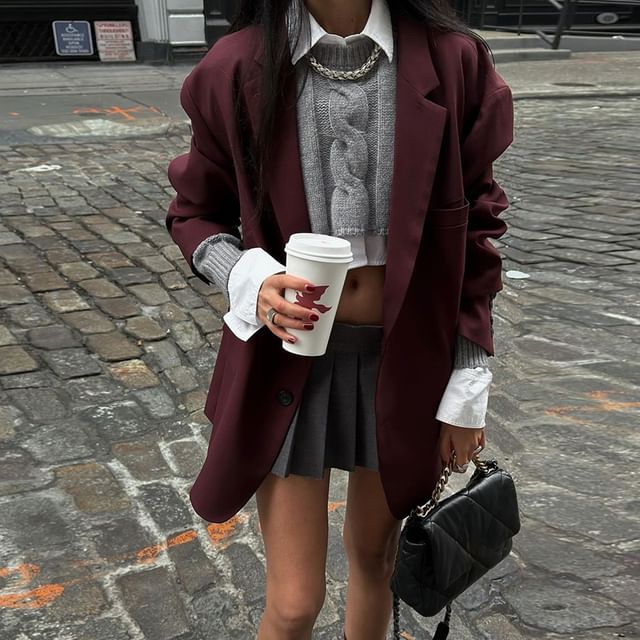 Bababy-Lapel Collar Plain Single Breasted Blazer Collared Mock Two Piece Sweater Mid Waist Plain Mini Pleated Skirt