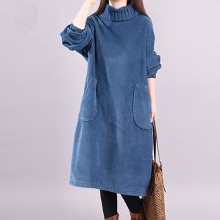 Lewwe Turtleneck Plain Corduroy Midi Sweatshirt Dress Sale