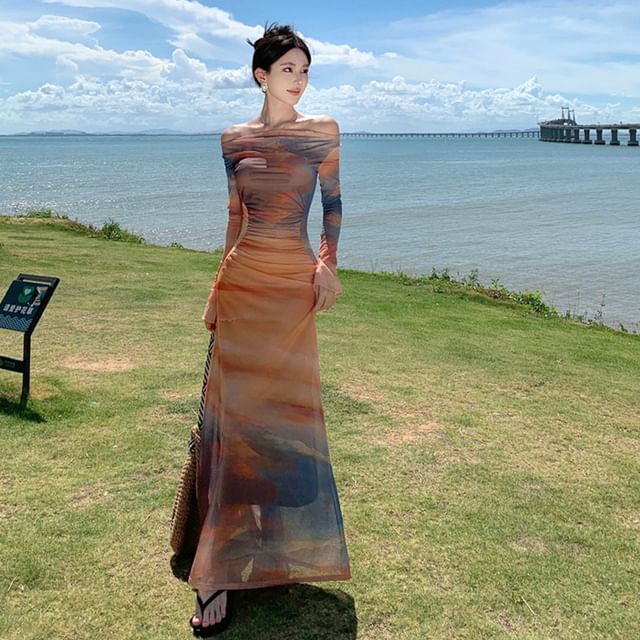 Off Shoulder Long Sleeve Tie Dye Maxi A-Line Dress