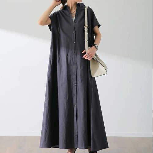 theajshia Short Sleeve Plain Maxi Shirt Dress YesStyle