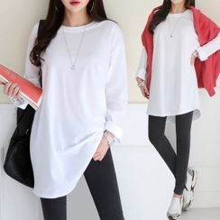 Seoul Fashion - Round-Neck Plain Long T-Shirt Seoul Fashion - Round-Neck Plain Long T-Shirt
