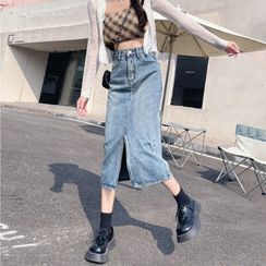Kareno - Slit Denim Midi Pencil Skirt