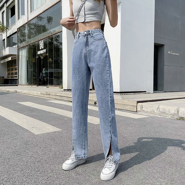 Side-Slit Cropped Straight Leg Jeans 
