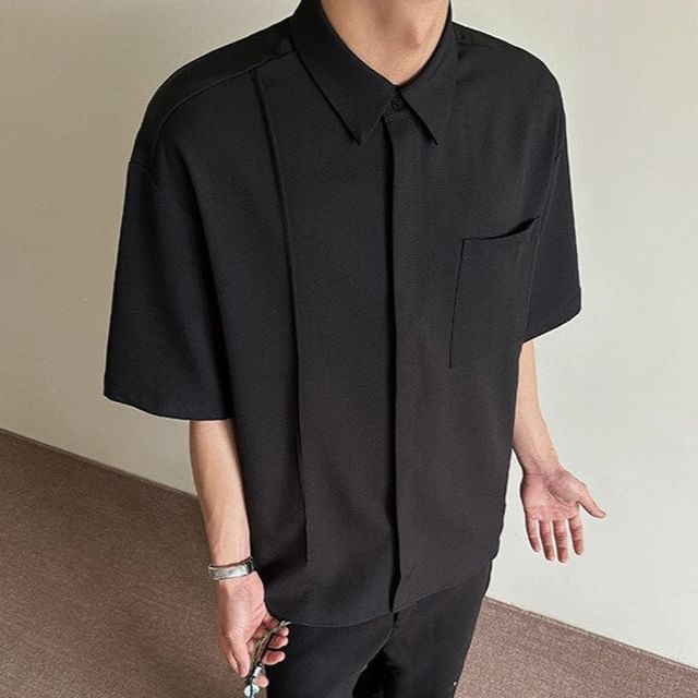 Drawouf-Elbow-Sleeve Button-Up Plain Shirt