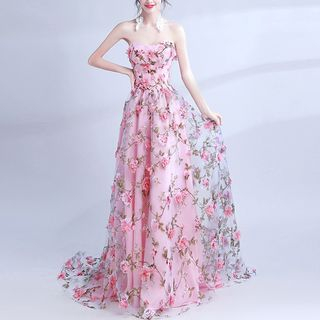 Strapless Floral A-Line Evening Gown ...