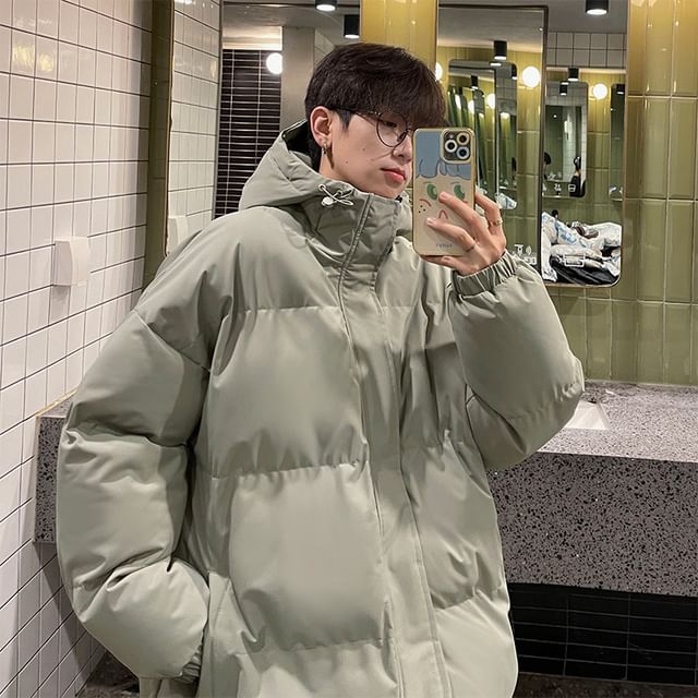 Bay Go Mall-Plain Hooded Zip Puffer Coat