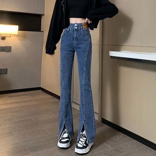 Isaaca-High Waist Washed Slit Bootcut Jeans