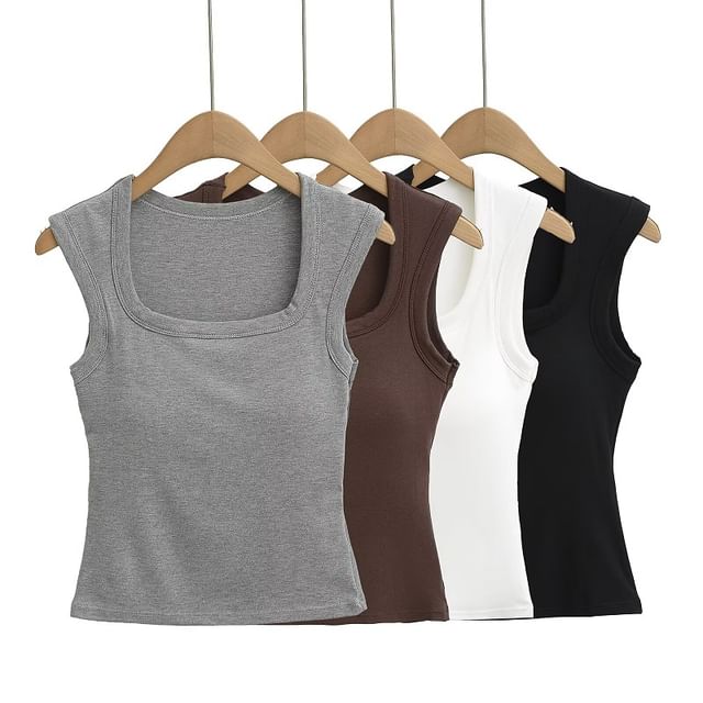 Hollahop-Square Neck Plain Padded Tank Top